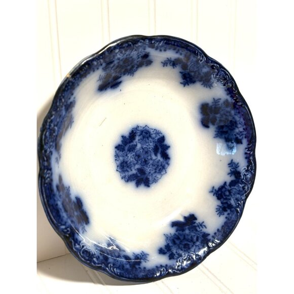 Antique New Wharf Pottery Bowl England Semi-Porcelain Waldorf Flow Blue 9" - Picture 6 of 13